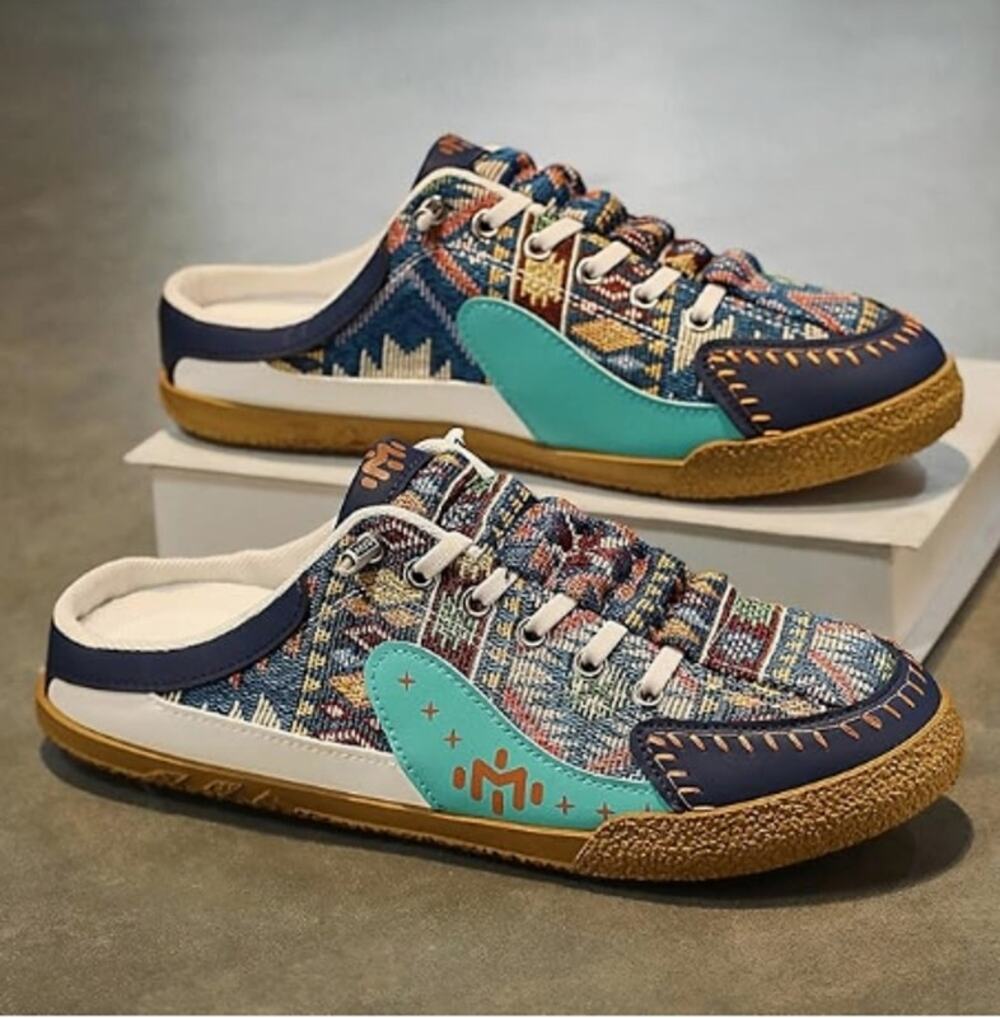Women's Canvas Slip On Loafers Blue Embroidered Comfort Shoes EU 44 US 12.5